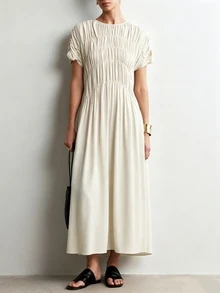 Aalyst Women's Casual Elegant Loose Pocketed Long Dress With Ruched Sleeves, Suitable For Outings, Dates, Easter, Mother's Day, Commuting, Vacation, Green - Apricot - View 4