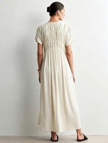 Aalyst Women's Casual Elegant Loose Pocketed Long Dress With Ruched Sleeves, Suitable For Outings, Dates, Easter, Mother's Day, Commuting, Vacation, Green - Apricot - View 2