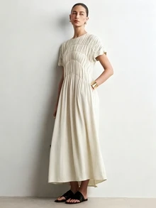 Aalyst Women's Casual Elegant Loose Pocketed Long Dress With Ruched Sleeves, Suitable For Outings, Dates, Easter, Mother's Day, Commuting, Vacation, Green - Apricot - View 7