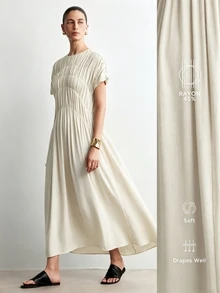 Aalyst Women's Casual Elegant Loose Pocketed Long Dress With Ruched Sleeves, Suitable For Outings, Dates, Easter, Mother's Day, Commuting, Vacation, Green - Apricot - View 1