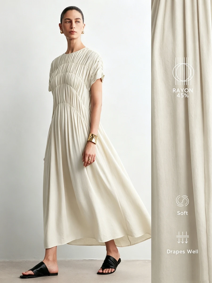 Aalyst Women's Casual Elegant Loose Pocketed Long Dress With Ruched Sleeves, Suitable For Outings, Dates, Easter, Mother's Day, Commuting, Vacation, Green - Apricot - View 1
