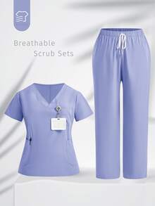 TaskEZ Plus Size Plain Short Sleeve Long Pants /Nursing Scrub Scrub Uniform Set Autumn Maid Simple - Dusty Purple - View 1