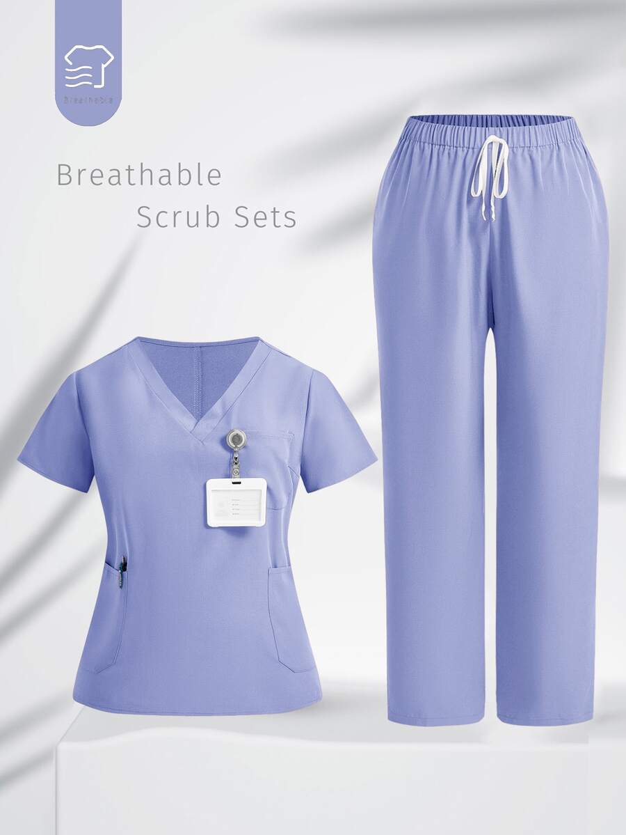 TaskEZ Plus Size Plain Short Sleeve Long Pants /Nursing Scrub Scrub Uniform Set Autumn Maid Simple - Dusty Purple - View 1