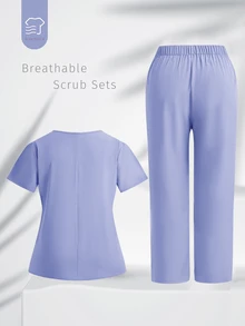 TaskEZ Plus Size Plain Short Sleeve Long Pants /Nursing Scrub Scrub Uniform Set Autumn Maid Simple - Dusty Purple - View 2