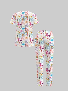 TaskEZ Scrub Short Sleeve Top And Pants Set, Cute Graffiti Print Pattern, Suitable For Pet Hospital White Autumn Fancy Princess Cosplay - Multicolor - View 2