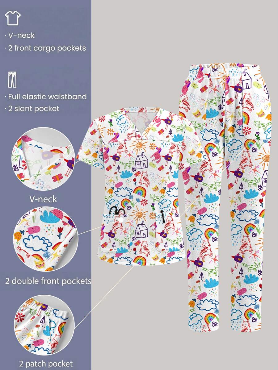 TaskEZ Scrub Short Sleeve Top And Pants Set, Cute Graffiti Print Pattern, Suitable For Pet Hospital White Autumn Fancy Princess Cosplay - Multicolor - View 1