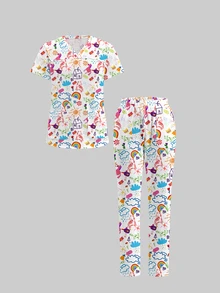 TaskEZ Scrub Short Sleeve Top And Pants Set, Cute Graffiti Print Pattern, Suitable For Pet Hospital White Autumn Fancy Princess Cosplay - Multicolor - View 3