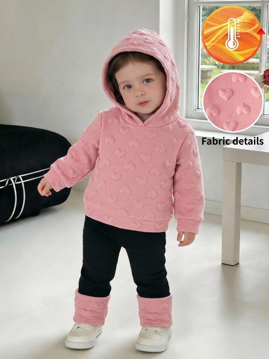 LMoss Kids Baby Girl Heart Pattern Solid Color Knit Soft Round Neck Ruffle Long Sleeve Pullover Sweatshirt And Long Winter Pants 2-Piece Set Pink Autumn Cute - Multicolor - View 1