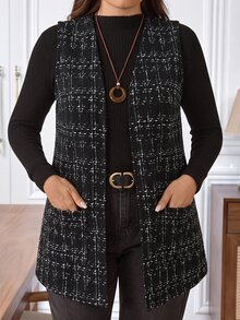 EMERY ROSE 大尺碼優雅通勤格紋無袖外套 - 黑色 - 查看 5