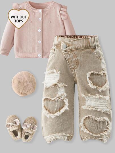 Baby Girls' Slant Waist Ripped Heart Jeans, Khaki, Summer, Soft Cotton Fabric, Back-To-School Career Day Tapered Pants, Light Wash Denim Graduation