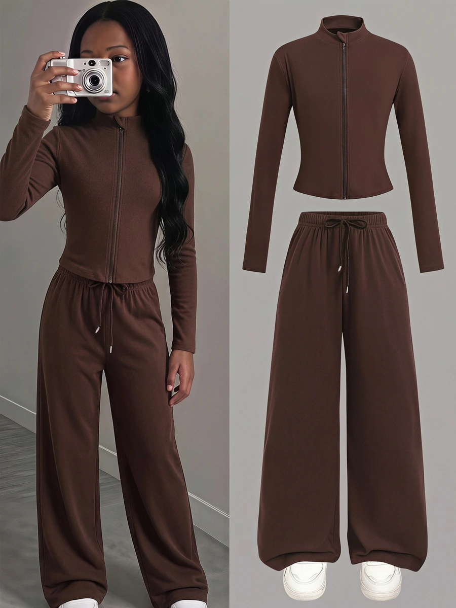 SHEIN Tween女孩休閒純色外套與長褲套裝 - 棕色 - 查看 1