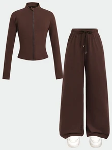 SHEIN Tween Girl Tween Girl Casual Solid Color Jacket And Pants Set - Brown - View 2