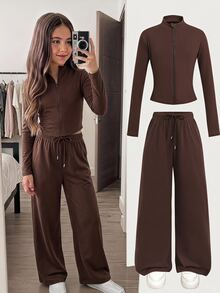 SHEIN Tween Girl Tween Girl Casual Solid Color Jacket And Pants Set - Brown - View 10