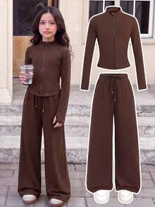 SHEIN Tween Girl Tween Girl Casual Solid Color Jacket And Pants Set - Brown - View 1