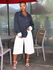 Steph T Blus Wanita Kasual Longgar dengan Motif Garis-Garis Kontras dan Kancing Asimetris, Elegan, Cocok untuk Musim Semi dan Gugur - Navy Blue - View 6