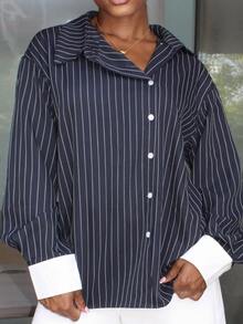 Steph T Blus Wanita Kasual Longgar dengan Motif Garis-Garis Kontras dan Kancing Asimetris, Elegan, Cocok untuk Musim Semi dan Gugur - Navy Blue - View 5