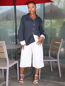 Steph T Blus Wanita Kasual Longgar dengan Motif Garis-Garis Kontras dan Kancing Asimetris, Elegan, Cocok untuk Musim Semi dan Gugur - Navy Blue - View 3