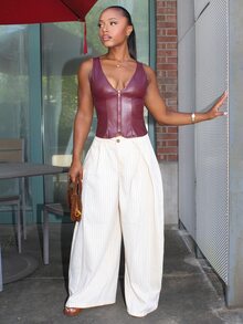 Steph T Women's Sexy Solid Color Zip-Up Deep V Neck Sleeveless PU Leather Top - Burgundy - View 3