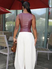 Steph T Women's Sexy Solid Color Zip-Up Deep V Neck Sleeveless PU Leather Top - Burgundy - View 2