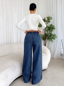 SHEIN EZwear 女款保暖內裡時尚口袋鈕扣牛仔褲 冬季休閒正式登山日常 Y2K 可愛復古秋季穿搭 海軍藍 - 藍色 - 查看 3