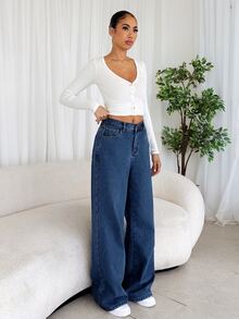 SHEIN EZwear 女款保暖內裡時尚口袋鈕扣牛仔褲 冬季休閒正式登山日常 Y2K 可愛復古秋季穿搭 海軍藍 - 藍色 - 查看 4