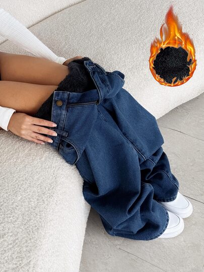 SHEIN EZwear Women's Thermal Lined Fashion Versatile Pocket Button Denim Jeans Fall/Winter Casual Formal Y2k Business Cute Cowgirl Vintage Back To School TALL
