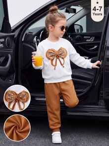SHEIN Playful Pals Young Girls Sweet Rhinestone 3D Bow Knot White Sweatshirt & Solid Khaki Brown Sweatpants 2pcs Outfit Set Casual Co Ords Back To School Tracksuit - Khaki - View 8
