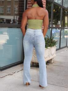 Steph T Celana Jeans Denim Panjang Wanita Model Slim Fit Pinggang Rendah Mengembang, Cocok untuk Semua Musim - Light Wash - View 2