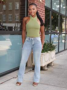 Steph T Celana Jeans Denim Panjang Wanita Model Slim Fit Pinggang Rendah Mengembang, Cocok untuk Semua Musim - Light Wash - View 6