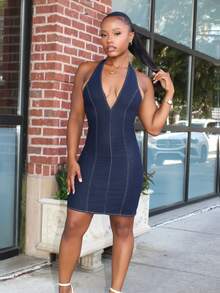 Steph T Gaun Mini Denim Wanita Tanpa Punggung dengan Leher Halter, Biru Tua, Musim Panas, Elegan, Seksi Chic, untuk Acara Klub Malam, Potongan V Dalam, Pinggang Tinggi, Bodycon, Retro, Warna Gelap - Biru - View 2