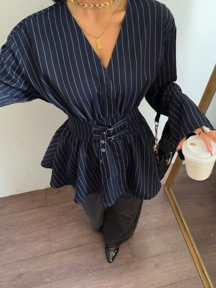 Siren Gaze Elegant Navy Blue Office Blouse,Waist Cinching Double Belt Long Sleeve Shirt,Spring And Summer Soft Striped Peplum Women's Casual V-Neck Top - Navy Blue - View 1