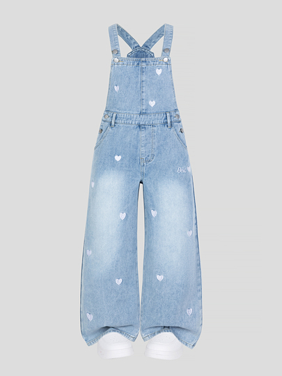 Girls' Oversized Cute Heart Embroidered Denim Bib Pants, Y2K Casual School Style, Light Blue Loose Wide Leg Jumpsuit, Versatile Casual Reduced Age Bib