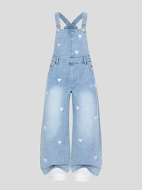 Girls' Oversized Cute Heart Embroidered Denim Bib Pants, Y2K Casual School Style, Light Blue Loose Wide Leg Jumpsuit, Versatile Casual Reduced Age Bib