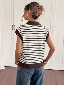 Siren Gaze Contrast Striped Pattern Polo Collar Knit Top - Multicolor - View 6