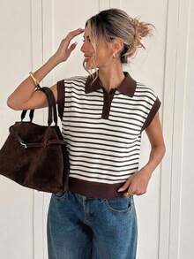 Siren Gaze Contrast Striped Pattern Polo Collar Knit Top - Multicolor - View 5