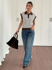 Siren Gaze Contrast Striped Pattern Polo Collar Knit Top - Multicolor - View 4