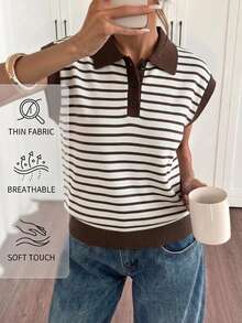Siren Gaze Contrast Striped Pattern Polo Collar Knit Top - Multicolor - View 1