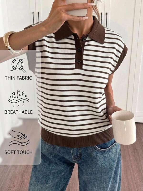 Siren Gaze Contrast Striped Pattern Polo Collar Knit Top