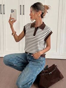 Siren Gaze Contrast Striped Pattern Polo Collar Knit Top - Multicolor - View 3