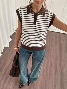 Siren Gaze Contrast Striped Pattern Polo Collar Knit Top - Multicolor - View 2