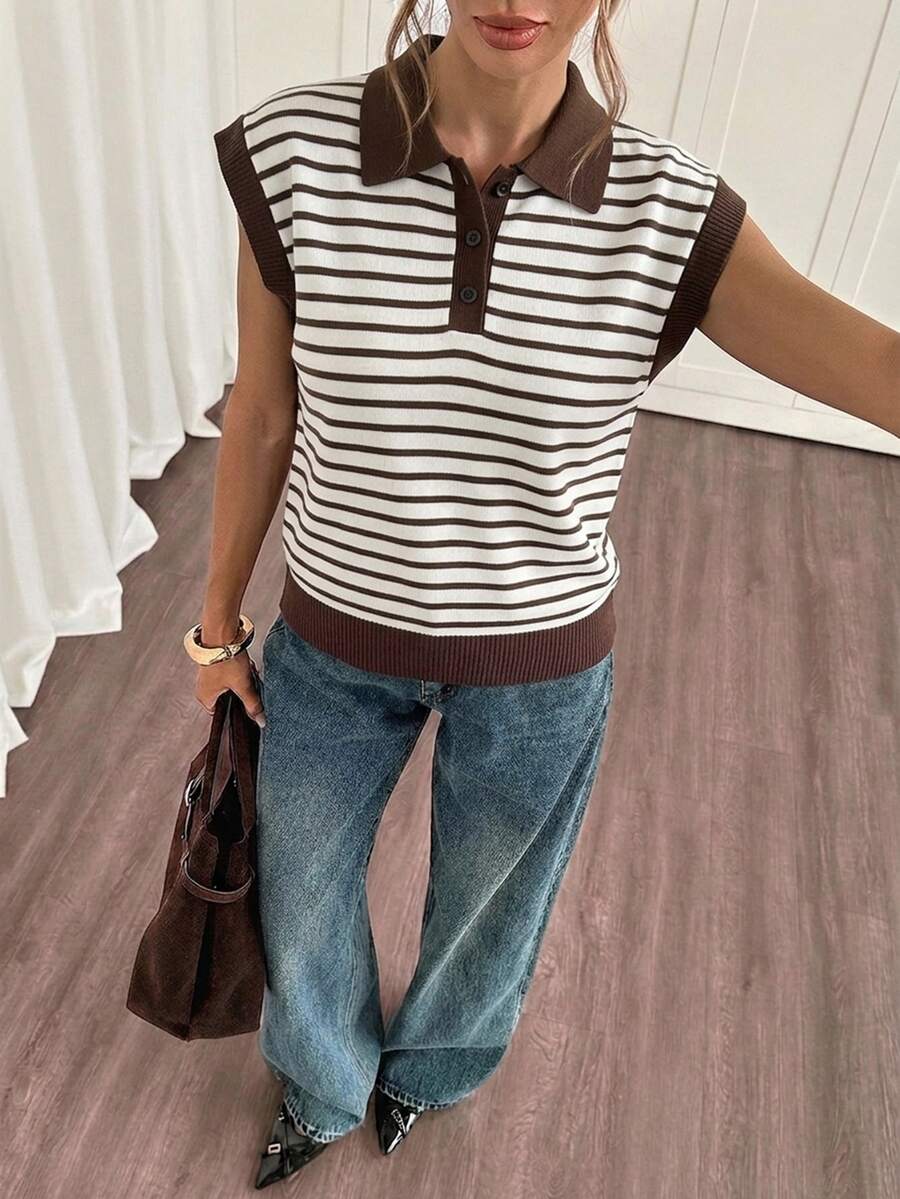 Siren Gaze Contrast Striped Pattern Polo Collar Knit Top Modern Urban Fashion Business Casual Office Wear, Low-Key Old Money Style Elegant - Multicolor - View 1