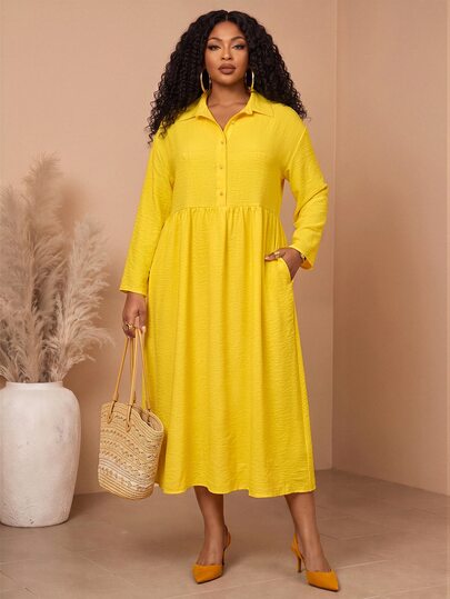 BrightlyHer Plus Size Women's Yellow Lapel Neck Button Front Pocket Three-Quarter Sleeve Dress Fall 2026