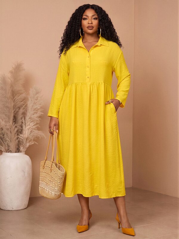 BrightlyHer Plus Size Women's Yellow Lapel Neck Button Front Pocket Three-Quarter Sleeve Dress Autumn 2026 Formal Vacation Casual Soft Form Fall Winter 2026