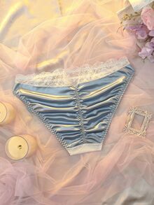 DelicateAllure Celana Dalam Satin Biru Kawaii Lucu Coquette Babydoll Lolita dengan Detail Kerut di Belakang, Pita, dan Patchwork Renda Ukuran Plus - Biru - View 6