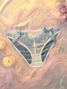 DelicateAllure Celana Dalam Satin Biru Kawaii Lucu Coquette Babydoll Lolita dengan Detail Kerut di Belakang, Pita, dan Patchwork Renda Ukuran Plus - Biru - View 7