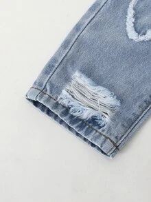 女嬰可愛淺藍色破洞牛仔褲 夏季返校穿著 錐形褲 斜腰 磨損丹寧 職業日穿搭 鬆緊腰休閒褲 - 中等水洗藍 - 查看 5