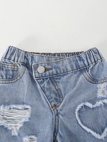 女嬰可愛淺藍色破洞牛仔褲 夏季返校穿著 錐形褲 斜腰 磨損丹寧 職業日穿搭 鬆緊腰休閒褲 - 中等水洗藍 - 查看 8