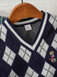 SHEIN Vintaside Kids Young Boyv 男童 V 領菱格紋休閒日常針織背心 秋季套頭背心 - 寶藍色 - 查看 7