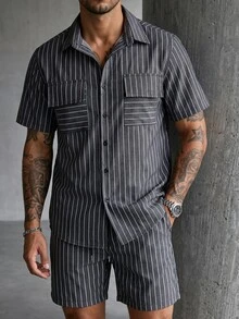 SLATEMANN Men's Vacation Casual Striped Shirt And Shorts Set - Black - View 4