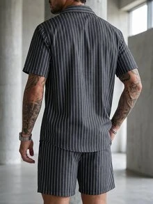 SLATEMANN Men's Vacation Casual Striped Shirt And Shorts Set - Black - View 2